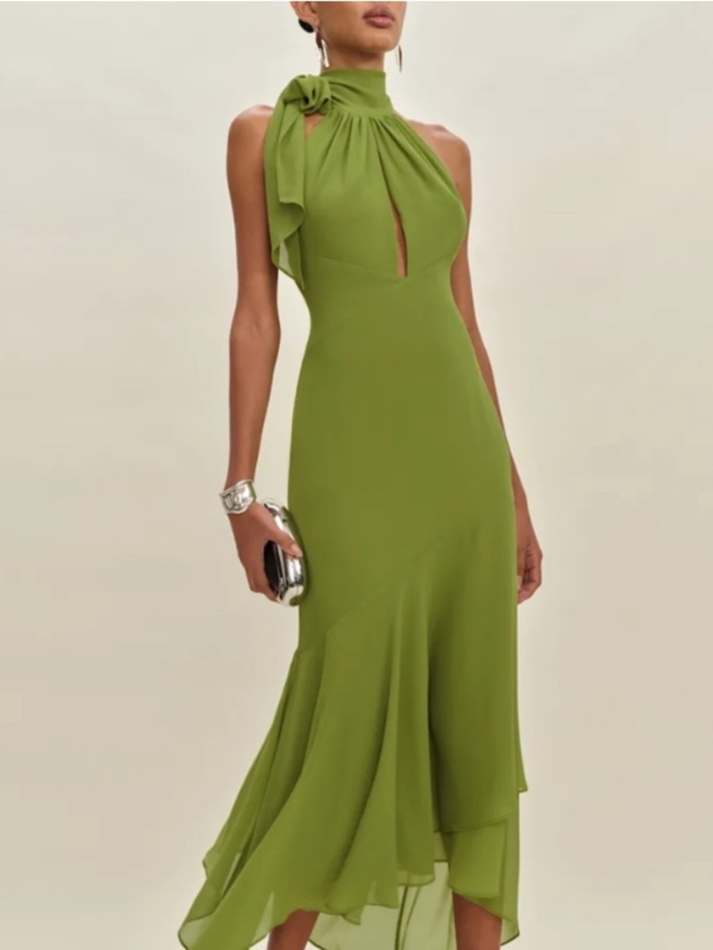 Reformation Olive Green Halter Maxi Dress